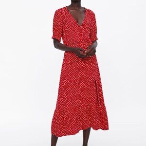 Zara Red Polka Dot Midi Dress – Size L – V-Neck Puff Sleeve